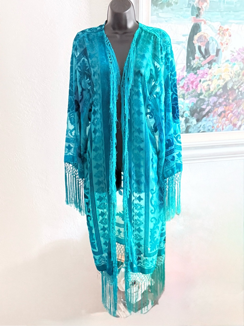 Luxurious Whimsygoth Hand-Knotted Fringe Duster Kimono Blue Ombre Fairycore